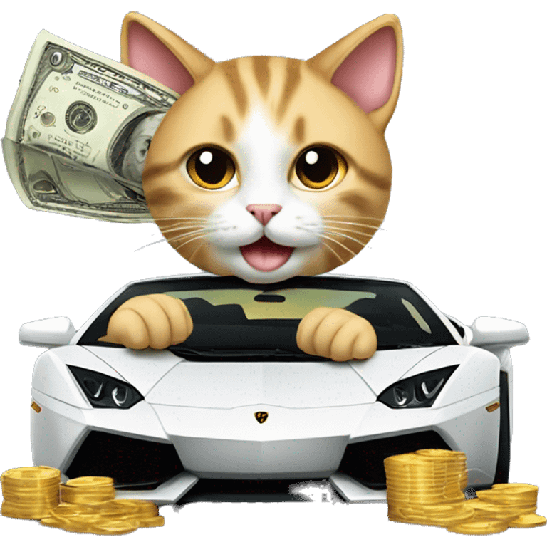 CAT driving a Lamborghini with Money in it’s Hand  emoji