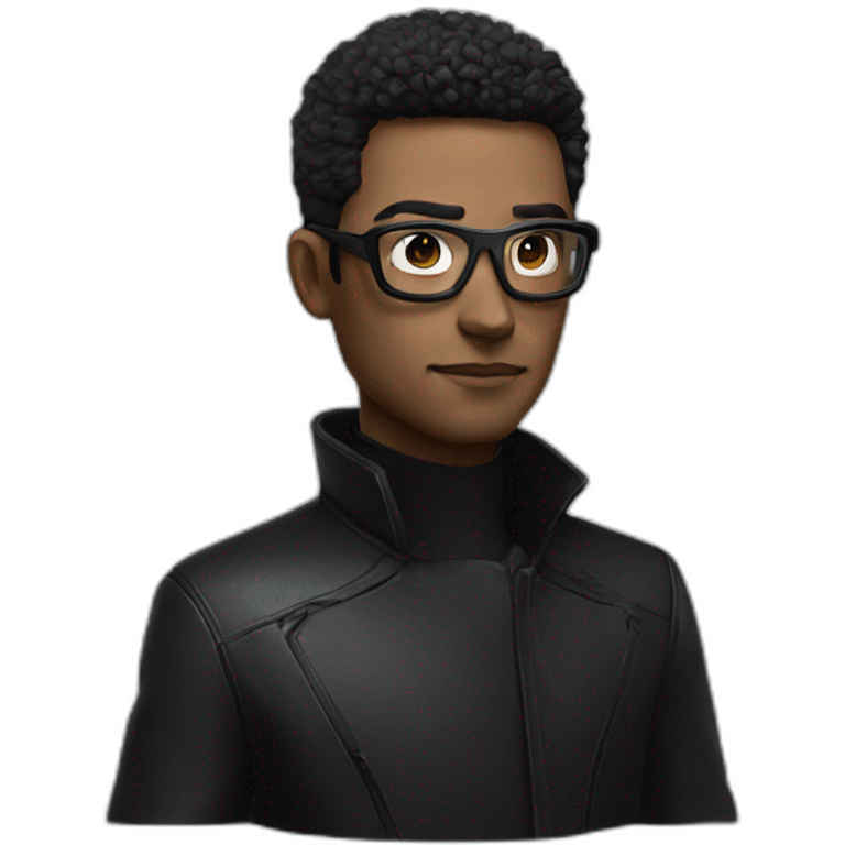 super realistic futuristic man, dressed in a black coat, futuristic black glasses, modern watch emoji