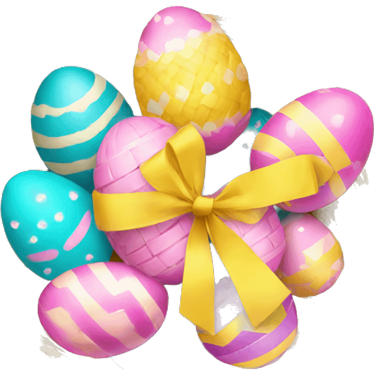 yellow basket with pink ribbon with Easter eggs on the grass emoji