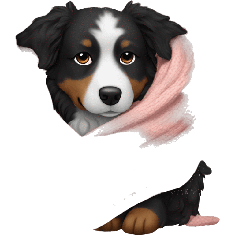 Small black australian shepherd dog sleeping with knit blanket  emoji