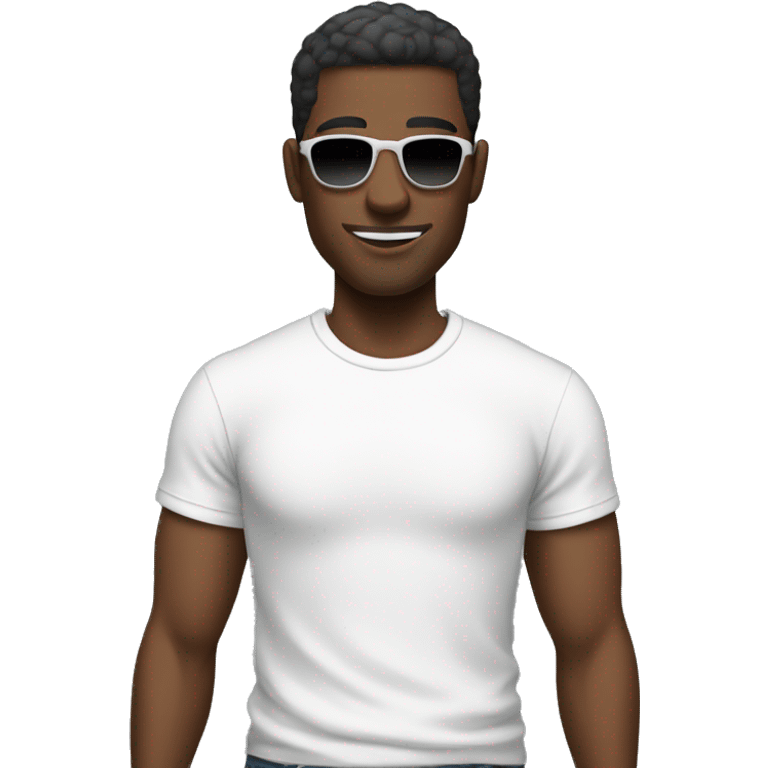 slightly ebony man with an fade haircut and sunglasses dressed in a white T-shirt emoji