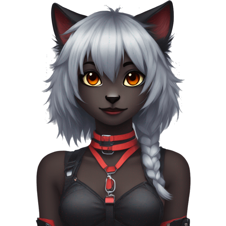 Anthro Edgy Cool Beautiful Black Cat-Fursona with Emo Hair-bangs with Red Streaks Chest Harness emoji