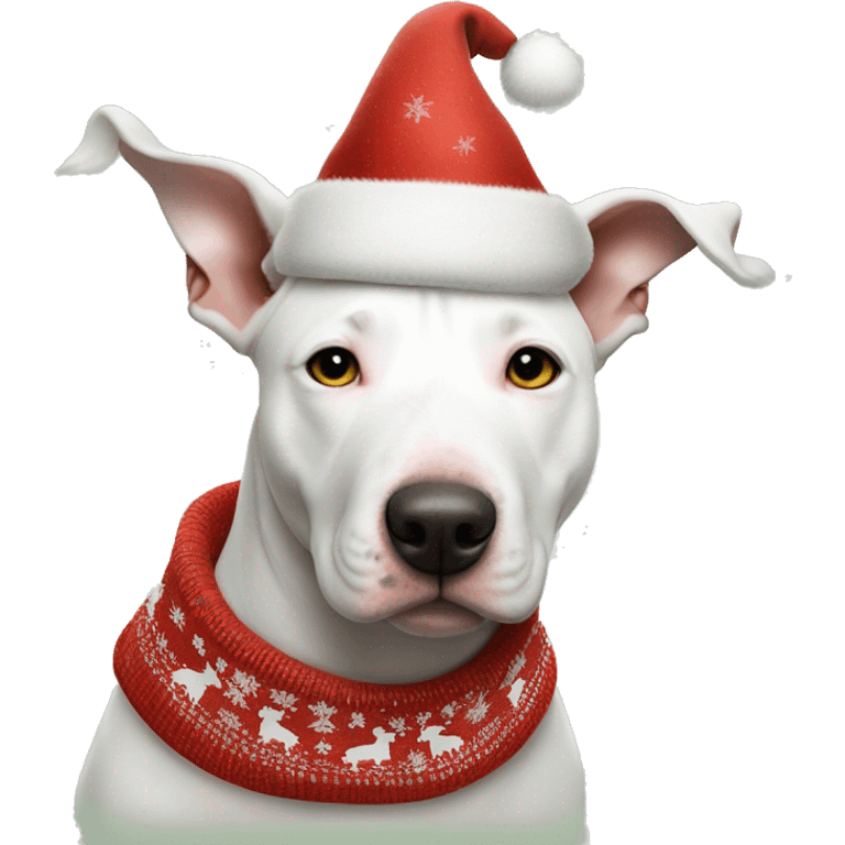 white American Bull Terrier, with spots on the eyes and forehead, in Christmas clothes, a hat emoji