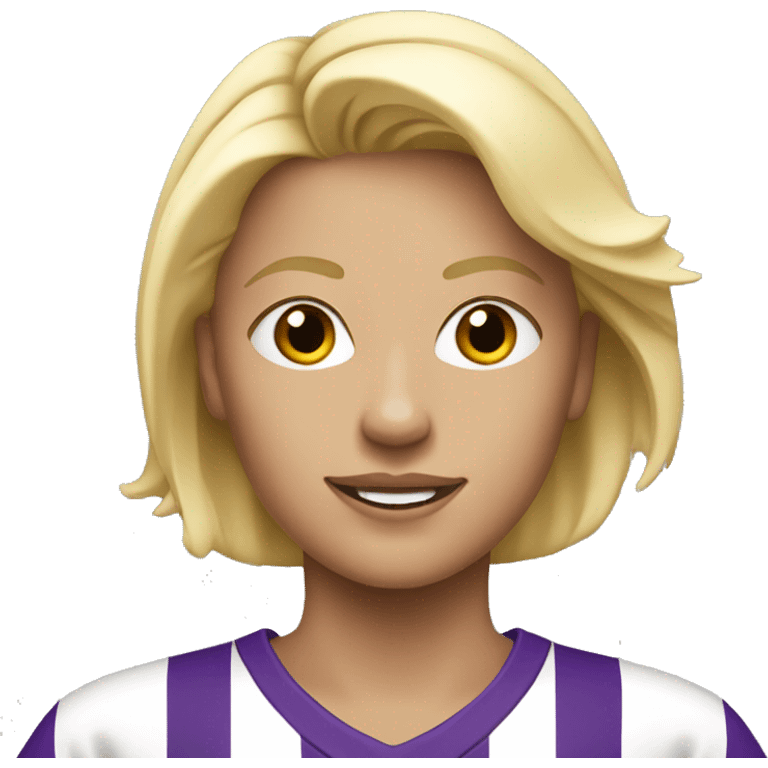 a blonde woman in white soccer jersey with purple pinstripes emoji