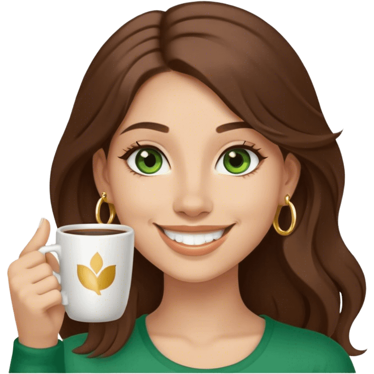 Long, Brown haired girl with middle hair part, green eyes, gold hoop nose ring, smiling, waving with one hand, coffee mug in the other emoji