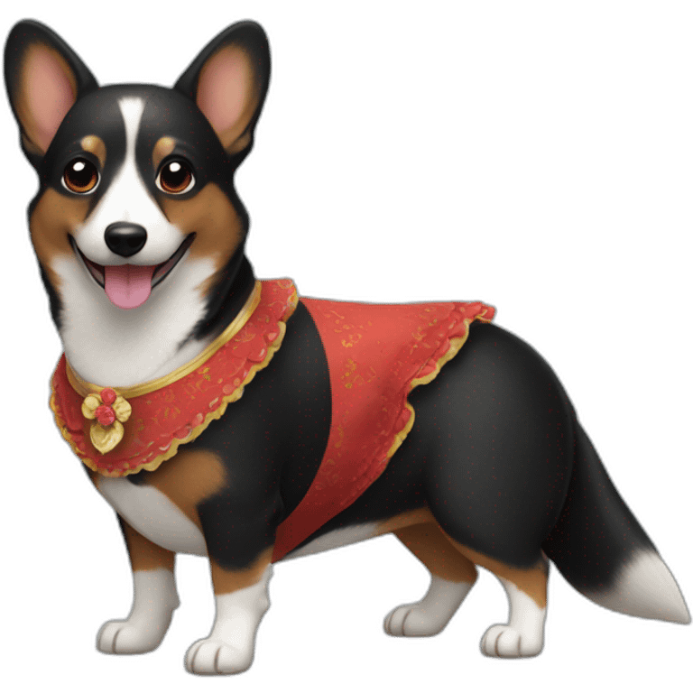 Black corgi wearing sevillana dress emoji