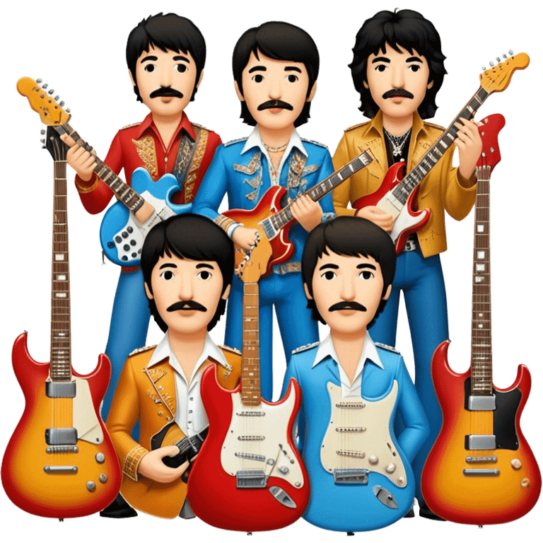 Rock music icon: dynamic collage of global rock legends like The Beatles, Jimi Hendrix, Elvis Presley, Led Zeppelin, Queen, and Nirvana, surrounded by guitars, amplifiers, and stage lights. Not all have mustaches, reflecting diverse styles. Transparent background. emoji