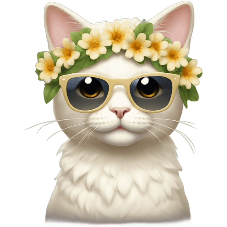 Cream cat wearing sunglasses, wearing a flower crown emoji