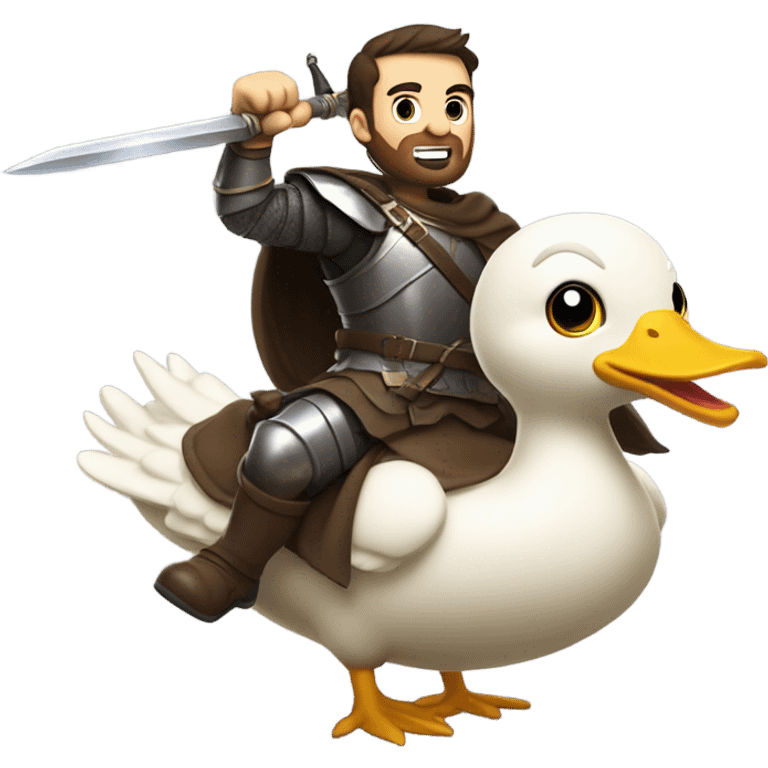 Confident armored White Man with dark brown hair and a short beard pointing forward with one arm holding a sword and yelling a battle charge while riding on the back of a giant duck emoji