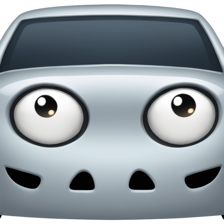 Cartoon emoji-style car with teardrop-shaped headlights and sad eyes on the windshield. emoji