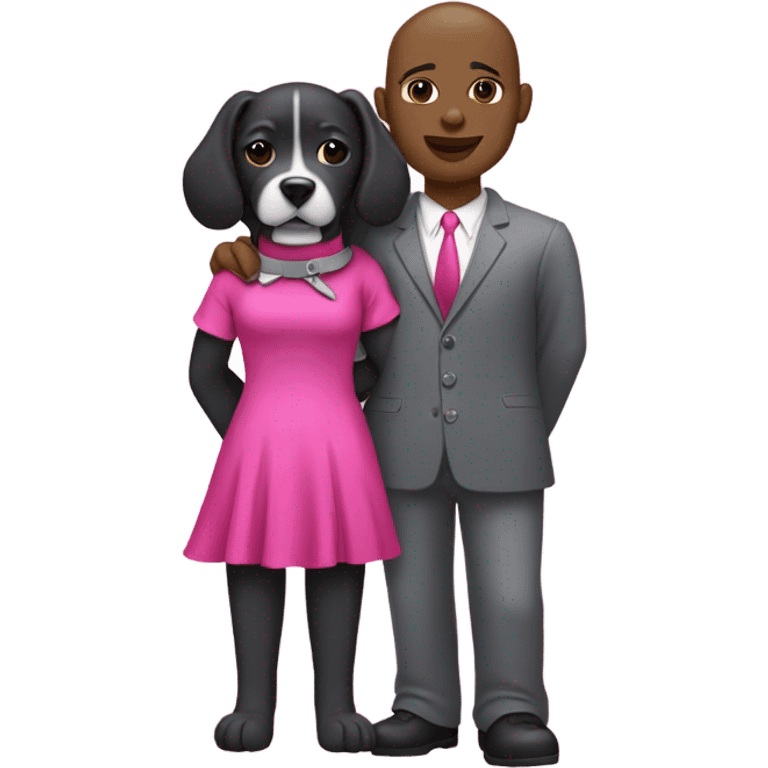 Black lady with black hair wearing hot pink dress hugging all grey pitbull with pink collar emoji