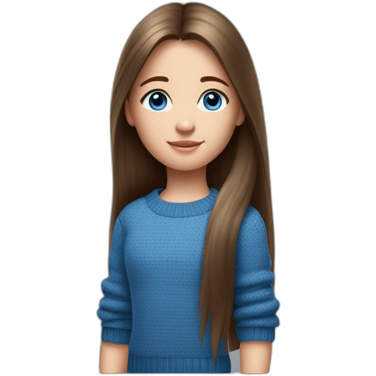 Girl 10 years old. Long straight brown hair. blue knitted sports sweater, big blue eyes. emoji