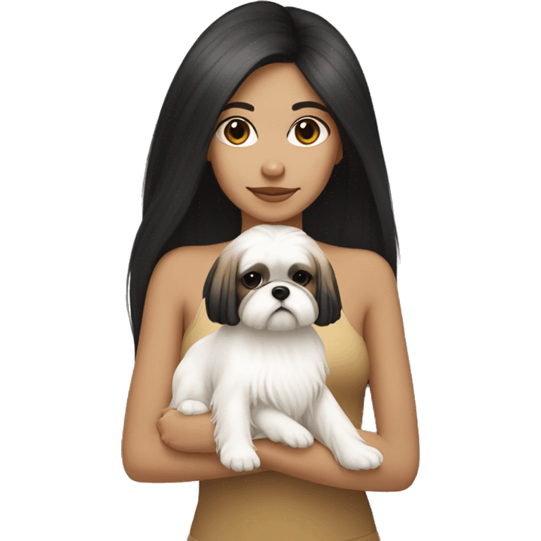 Tan girl, with long black hair, holding white shih tzu with light brown spots emoji