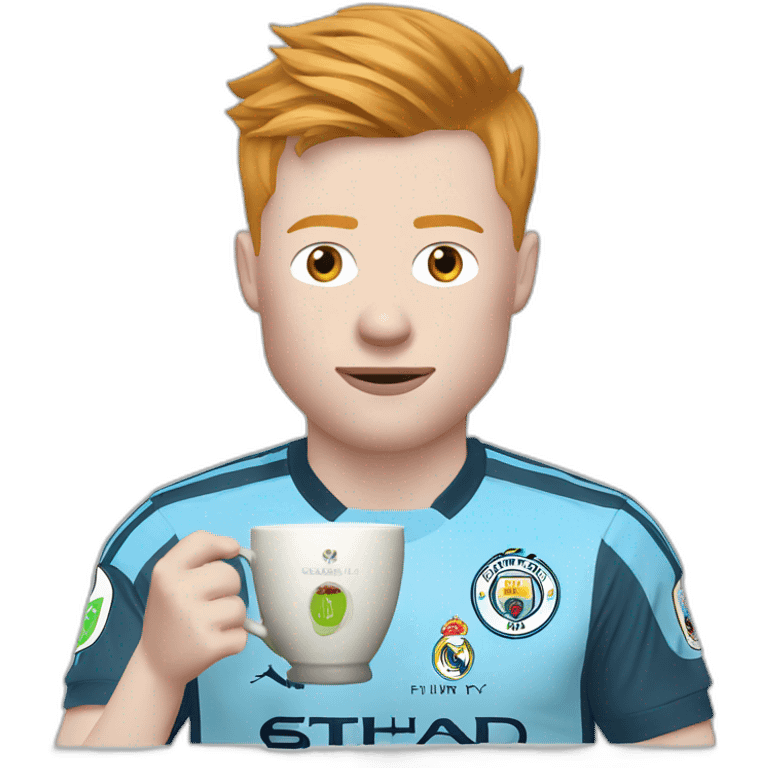 Kevin de Bruyne with a shirt of Manchester City drinking tea with a cup of Real Madrid  emoji