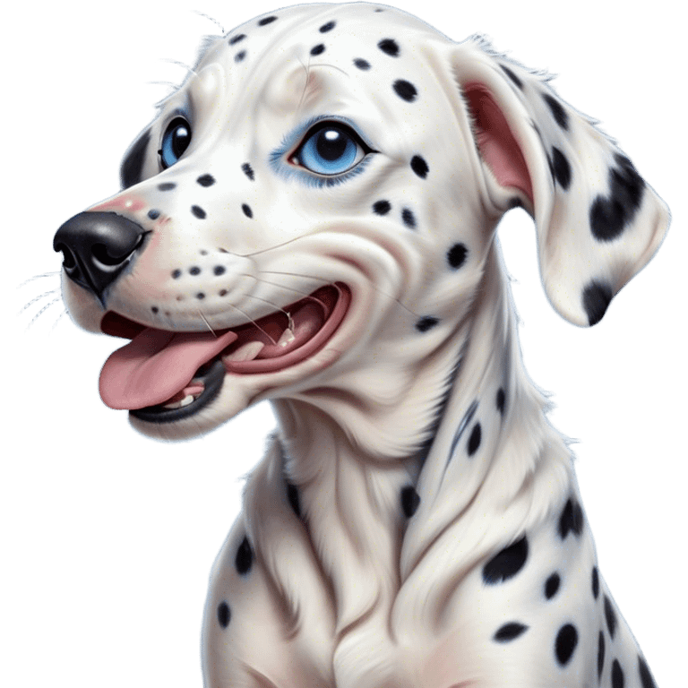 Cinematic Cute Yawning Spotted Dalmatian Portrait Emoji, Head tilted slightly with a dramatic, wide-open yawn, showcasing a smooth Fur of predominantly white with bold black patches, floppy ears slightly drooping, round blue eyes barely open in drowsy contentment, Simplified yet irresistibly adorable features, highly detailed, glowing with a soft, cozy glow, high shine, relaxed yet expressive, stylized with a touch of whimsy, bright and endearing, soft glowing outline, capturing the essence of a sleepy yet affectionate guardian, so drowsy it feels like it could stretch out of the screen and curl up for a nap! emoji