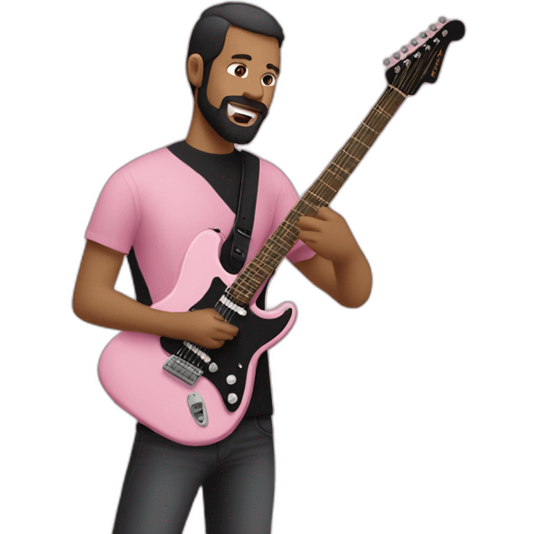 white man with dark beard and black t shirt and pastel pink stratocaster electric guitar emoji