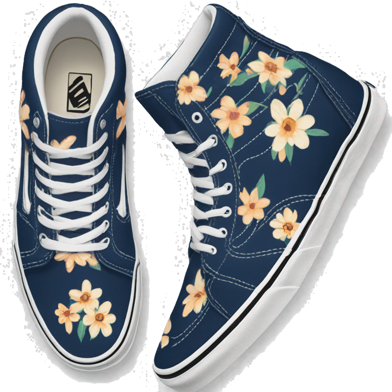 pair of navy blue Vans shoes, high top, with flower pattern emoji