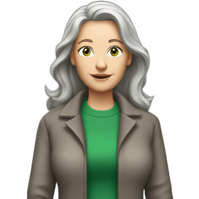 28 old women, white skin, long brown-blond hair, green eyes, red shirt in a gray jacket emoji