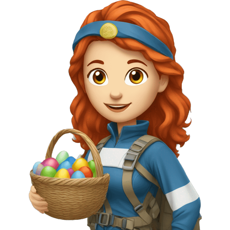 Female red hair mountaineer on mount summit holding greek flag and easter eggs basket emoji