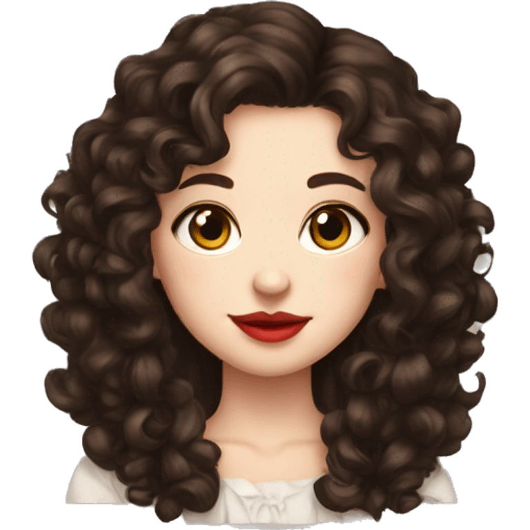 girl, really dark brown hair, curly hair, dark brown eyes, pale skin, red lips, long hair emoji