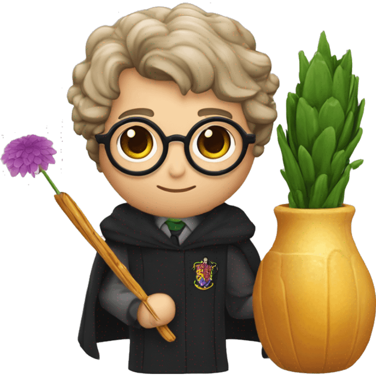 Harry potter avec les cheveux ondulés noir des lunettes ronde une cicatrice une baguette magique et un pot de fleur  emoji