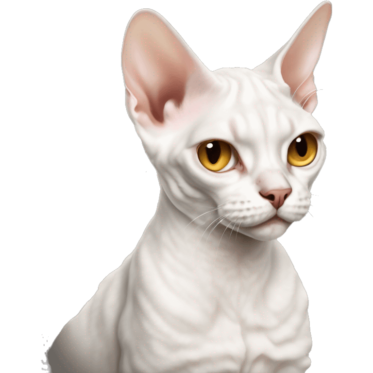 A white devon Rex cat looking menacing emoji