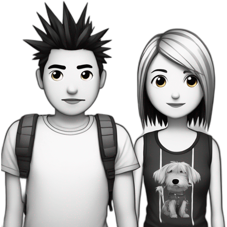 dog and a dark-haired girl with spiky hair looking at each other in style of ((sarah andersen)), black and white emoji