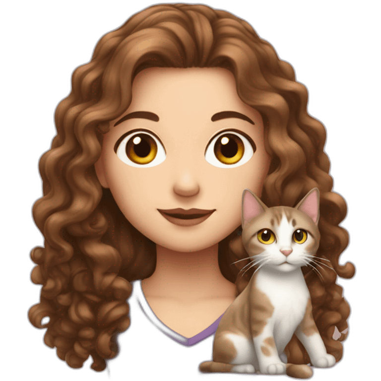 White Girl with long curly brown hair with a cat emoji