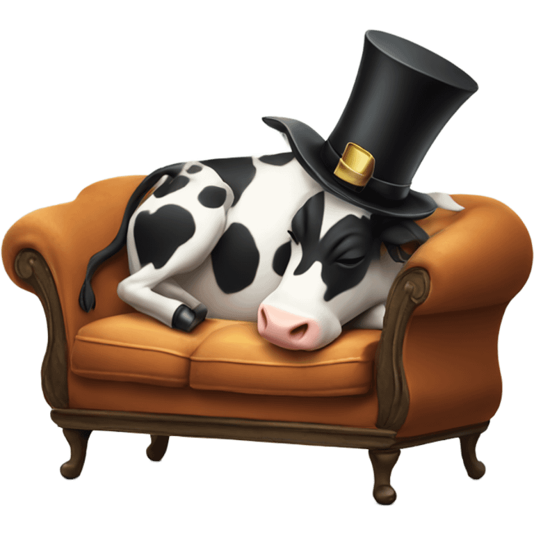 Sleeping cow wearing a top hat while sitting on a tiny sofa emoji