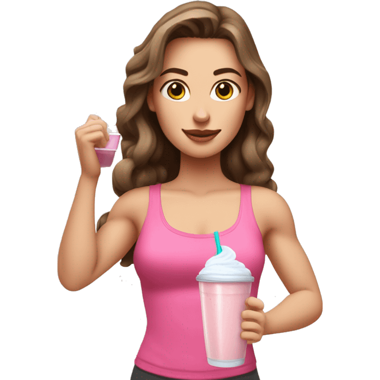 Brown haired white girl in pink croptop drinking protein shake emoji