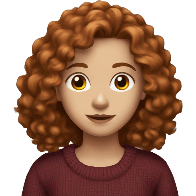 Girl with type long 3B big curly copper brown hair, medium dark brown eyes, pale skin, wearing a maroon sweater  emoji