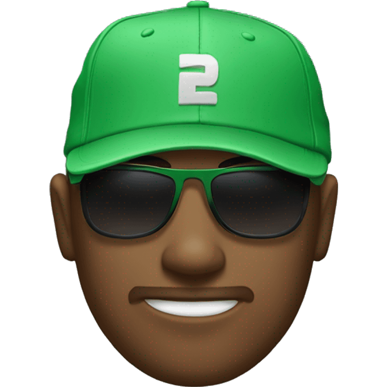 Man with backwards green baseball cap and with polarized sunglasses emoji