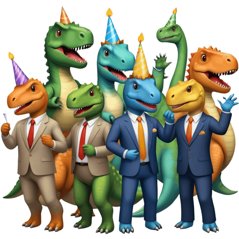 office dinosaurs in office suits celebrating birthday emoji