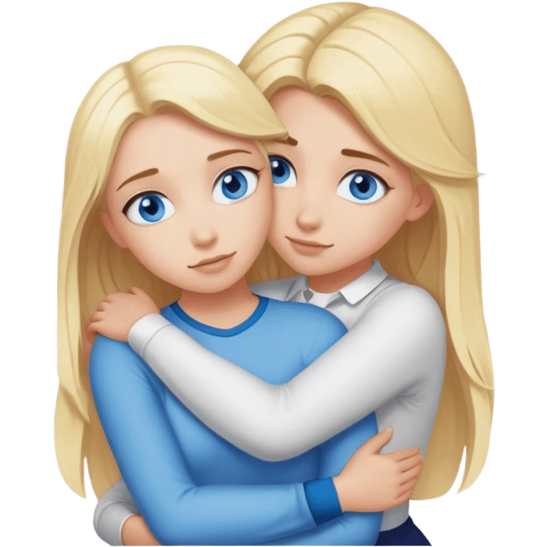 Cinematic realistic blonde with blue eyes hugs another blonde girl from behind emoji