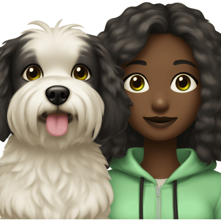 Little black furry dog next to pretty girl with long brown hair green eyes and a comfortable cream colored sweatsuit emoji