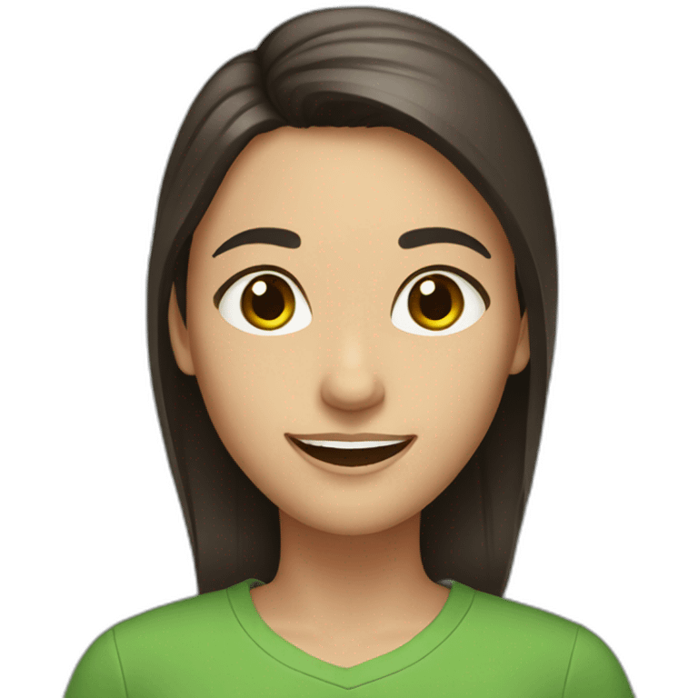 Woman with straight dark brown hair, brown eyes big smile, green shirt emoji