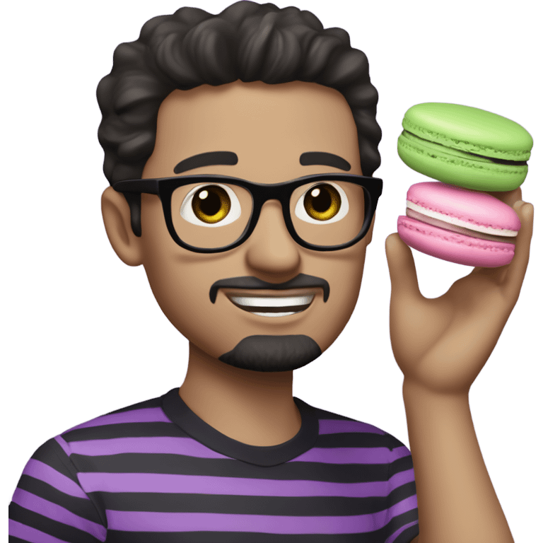 A white man with dark hair, black eyeglasses, and a thin, horizontal striped shirt in shades of purple, black, and light green holds a macaron in the palm of his hand. emoji