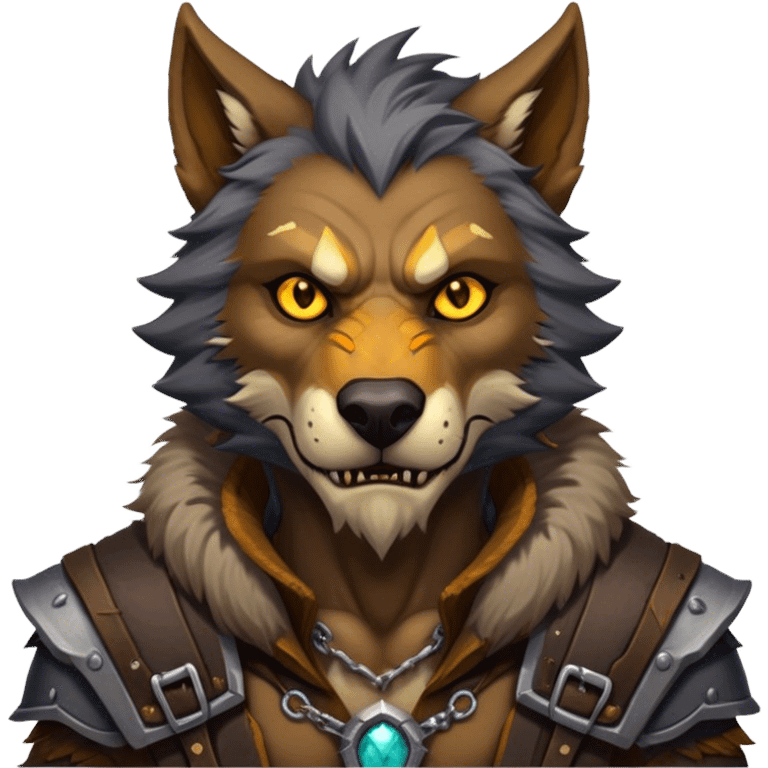 Cinematic Realistic WoW Worgen Portrait, head tilted epicly and inquisitively, showcasing the striking fusion of human intellect and beastly ferocity. His rugged fur and tanned skin, accented by piercing amber eyes and meticulously rendered worn leather garments, are bathed in dynamic lighting, high shine, epic and awe-inspiring, capturing the relentless spirit of a worgen at the apex of his power. emoji