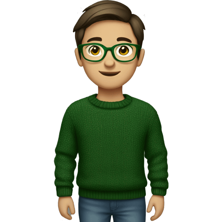 winter, christmas, young boy, short  brown hair, brown eyes, hispanic, dark green sweater, full body, green glasses emoji