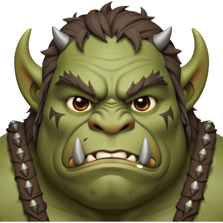 Cinematic Noble Ogre Portrait Emoji, Majestic and imposing, with a rugged, muscular form in deep earthy greens and browns, adorned with battle scars and subtle tribal markings, exuding calm, noble strength and unexpected wisdom, simplified yet strikingly detailed, glowing with a shadowy outline that captures the essence of a gentle giant with fierce heart! emoji