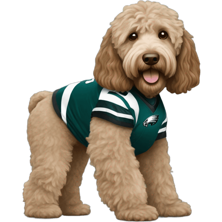 Light brown Labradoodle wearing a Philadelphia eagles jersey emoji