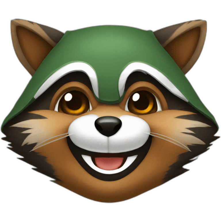 brown raccoon with orange eyes and a dark green hood that is laughing emoji