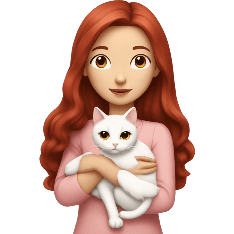 girl with long very dark red hair and brown eyes and light pink outfit hugging a white ginger cat  emoji