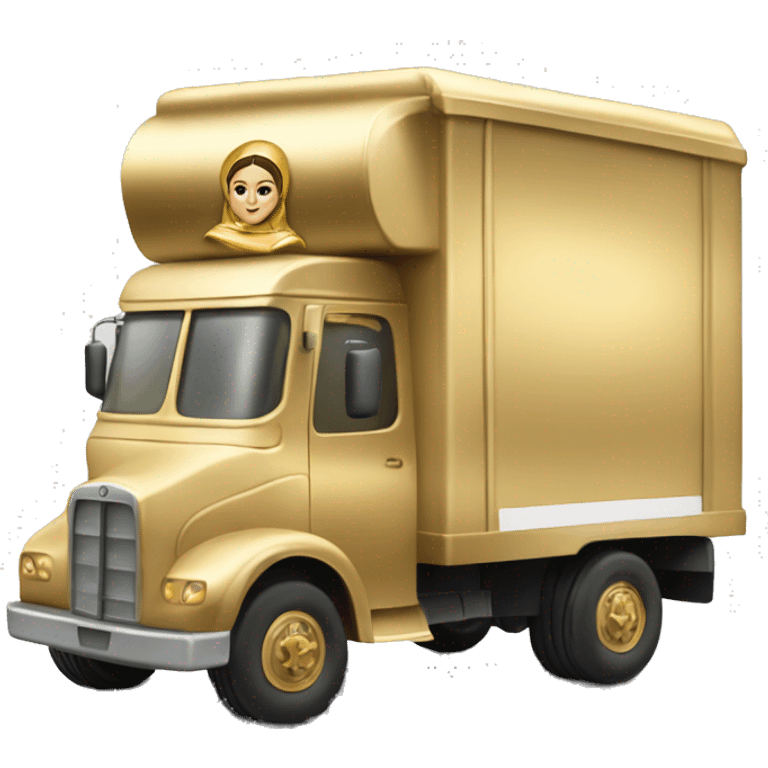 Side view of 1976 very very long mail delivery truck shaped like Princess Leia in gold outfit shaped emoji