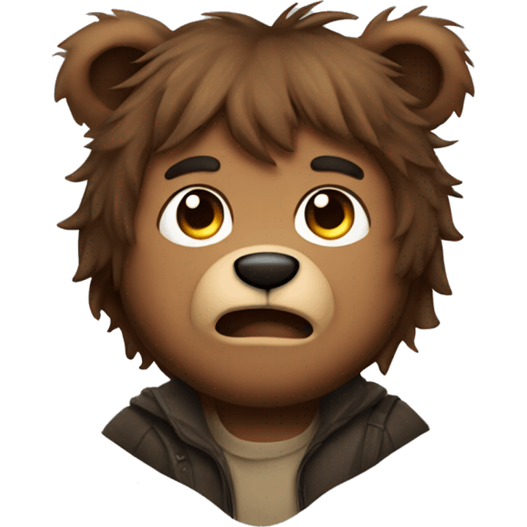 bear boy with messy brown hair, animal ears and nose, fangs emoji