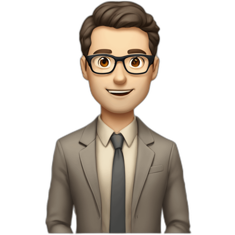 Pale skinned fit man teacher with dark brown hair in gray jacket, beige office shirt, brown tie, brown pants and vintage glasses Draws on the marker board emoji