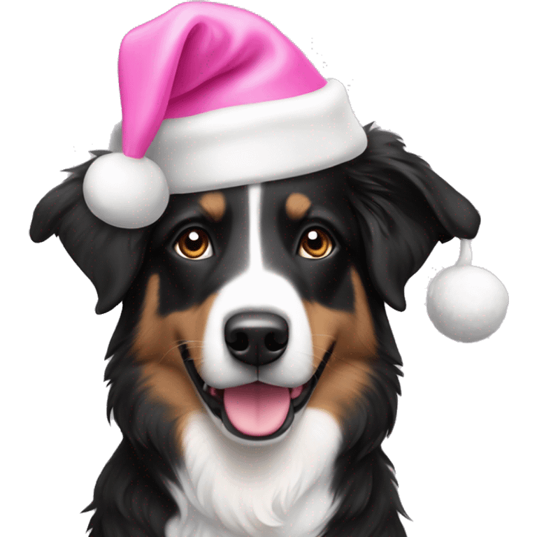 Black and white Australian shepherd wearing pink Santa hat emoji