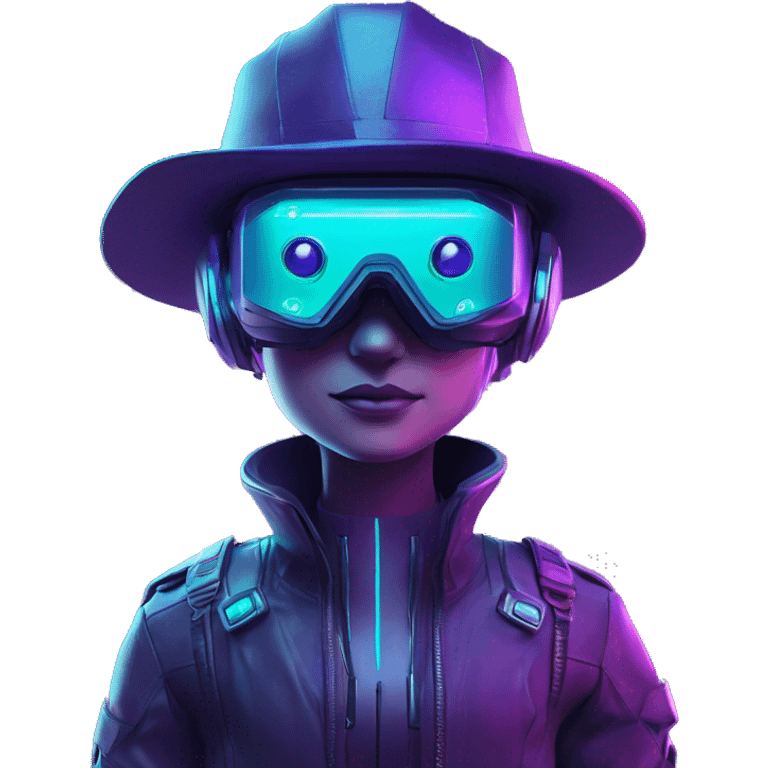 Secret humanoid agent in a futuristic hat with in Apple VR goggles headset code display on the goggles , cyberpunk, cyan and purple colors, only upper body portrait, front facing the camera  emoji