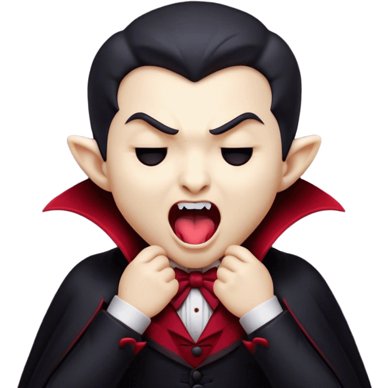 Cinematic Cute Yawning Vampire Portrait Emoji, with a small, rounded, charming pale face accented with tiny playful fangs and droopy, half-closed eyes, head tilted in an adorable wide yawn, dressed in miniature elegant dark attire with a hint of crimson, simplified yet irresistibly endearing, highly detailed with a soft, mysterious glow and gentle outline that captures the cute, drowsy side of an immortal! emoji