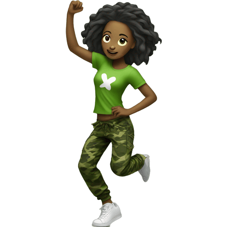 girl dancing hiphop while wearing green camouflage pants  emoji